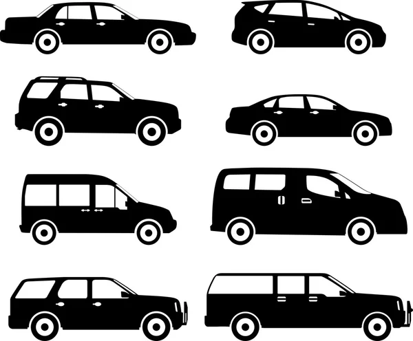 Conjunto de diferentes siluetas de coches aislados sobre fondo blanco. Ilustración vectorial . — Vector de stock