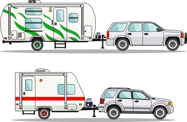 Set of travel trailer caravans on a white background in flat style. Vector illustration.