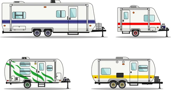 Conjunto de caravanas remolque de viaje sobre un fondo blanco en estilo plano. Ilustración vectorial . — Vector de stock