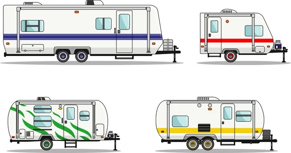 Seyahat karavan karavanlar düz stil beyaz bir arka plan üzerinde kümesi. Vektör çizim.