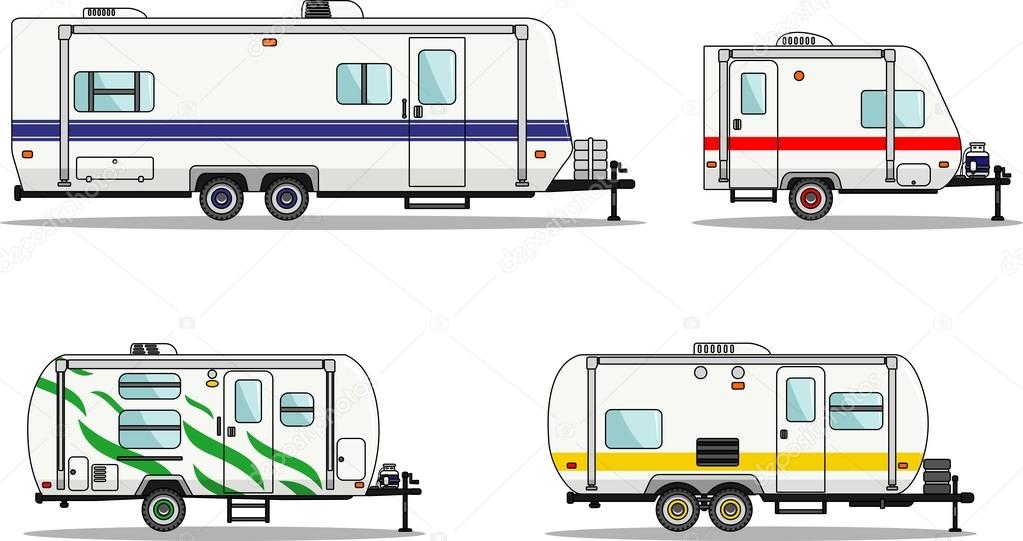 Set of travel trailer caravans on a white background in flat style. Vector illustration.