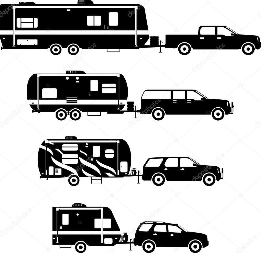 Set of different silhouettes travel trailer caravans on a white background. Vector illustration.