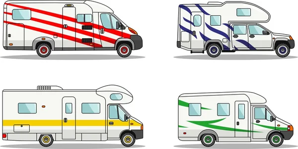 Conjunto de carros e trailers de viagem sobre um fundo branco em estilo plano. Ilustração vetorial . —  Vetores de Stock