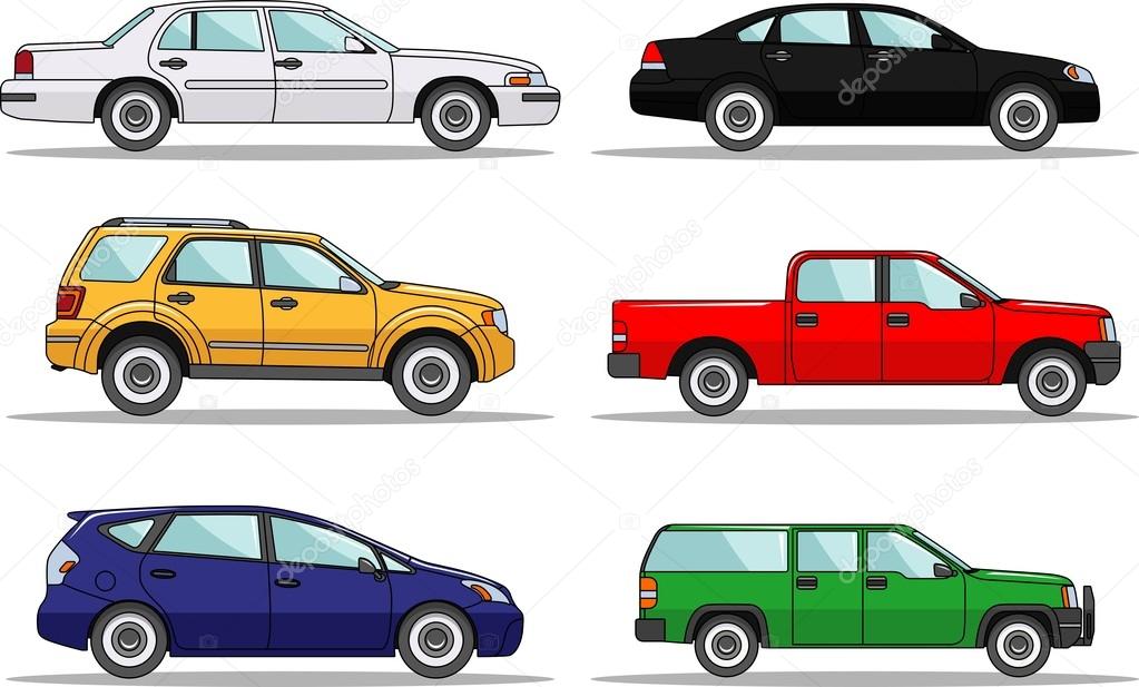 Set of six colored cars isolated on white background in flat style