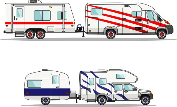 Set of car and travel trailers on a white background in flat style. Vector illustration.