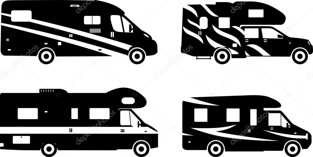 Set of different silhouettes travel trailer caravans on a white background. Vector illustration.