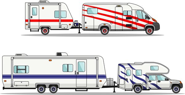 Set of car and travel trailers on a white background in flat style. Vector illustration.