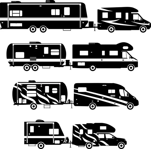 stock vector Set of different silhouettes travel trailer caravans on a white background. Vector illustration.
