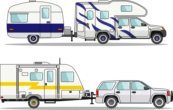 Conjunto de carros e trailers de viagem sobre um fundo branco em estilo plano. Ilustração vetorial . —  Vetores de Stock