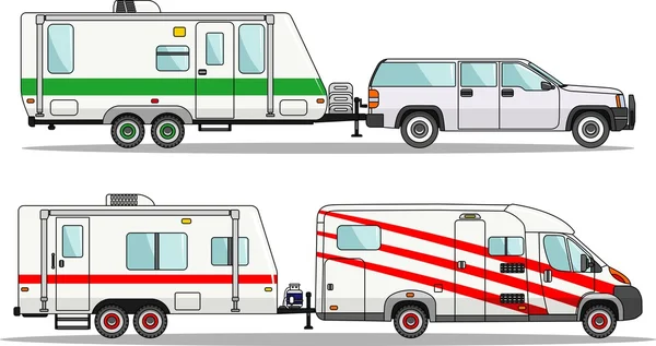 Conjunto de carros e trailers de viagem sobre um fundo branco em estilo plano. Ilustração vetorial . —  Vetores de Stock