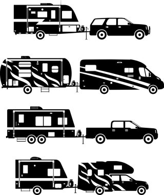 Beyaz bir arka plan üzerinde farklı siluetleri seyahat karavan karavanlar kümesi. Vektör çizim.