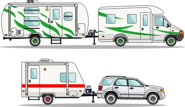 Set di auto e rimorchi da viaggio su sfondo bianco in stile piatto. Illustrazione vettoriale . — Vettoriale Stock