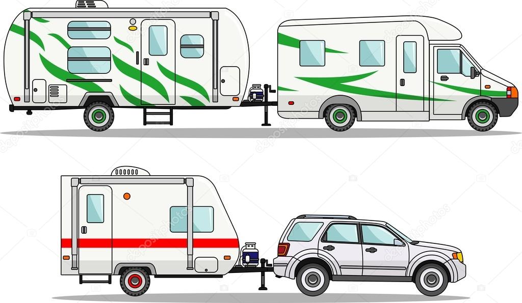 Set of car and travel trailers on a white background in flat style. Vector illustration.