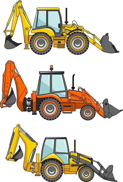 Retroexcavadoras. Máquinas de construcción pesada. Ilustración vectorial — Vector de stock