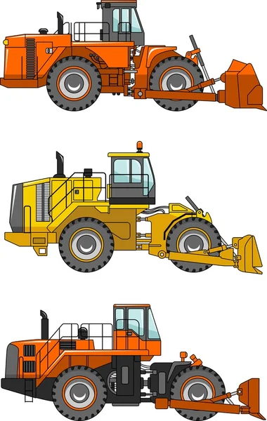 Conjunto de topadoras de ruedas aisladas sobre fondo blanco en estilo plano. Máquinas de construcción pesada. Ilustración vectorial — Vector de stock