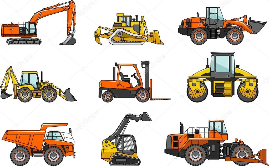 Set of heavy construction machines isolated on white background in flat style. Vector illustration