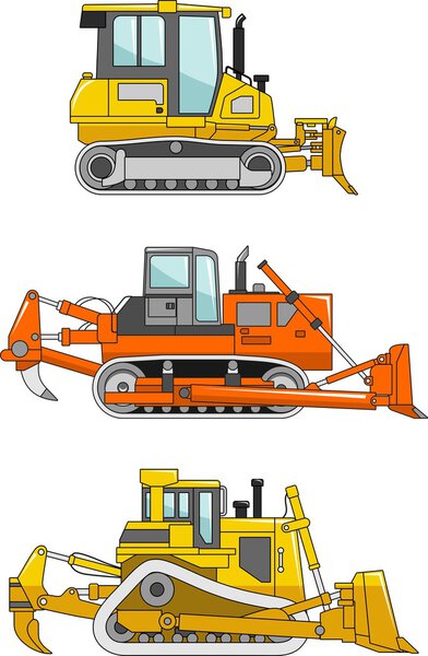 Set of dozers isolated on white background in flat style. Heavy construction machines. Vector illustration