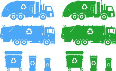Farklı siluetleri çöp kamyonları ve dumpsters kümesi. Vektör çizim.