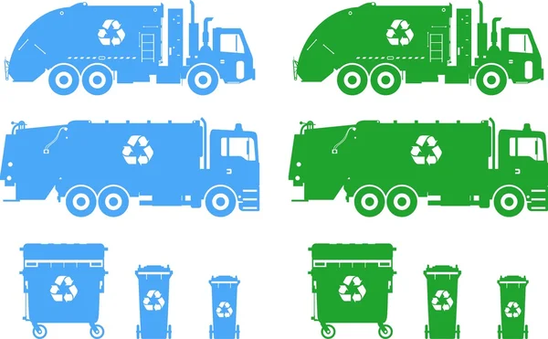Set di diverse sagome camion della spazzatura e cassonetti. Illustrazione vettoriale . — Vettoriale Stock