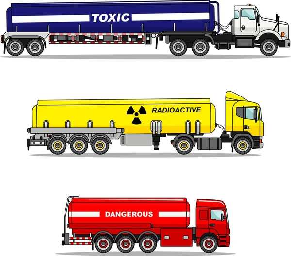 Набор цистерн грузовиков, перевозящих химические, радиоактивные, токсичные, опасные вещества, изолированных на белом фоне в плоском стиле. Векторная иллюстрация . — стоковый вектор
