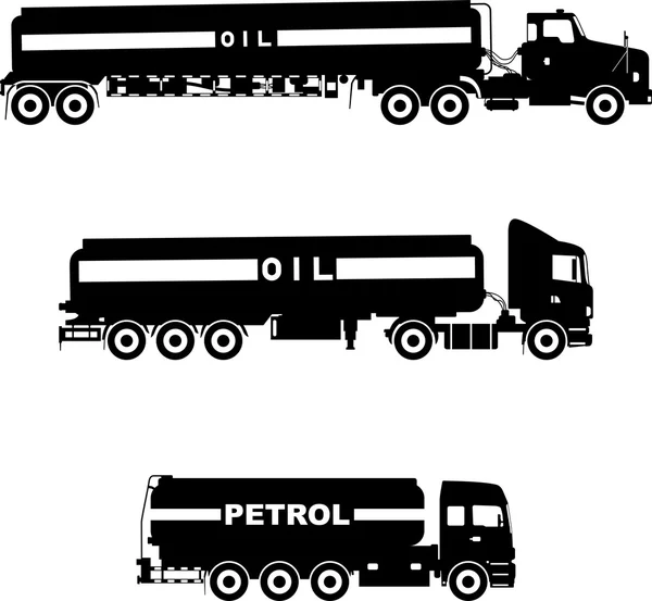 Satz von verschiedenen Silhouetten Benzin-LKW isoliert auf weißem Hintergrund. Vektorillustration. — Stockvektor