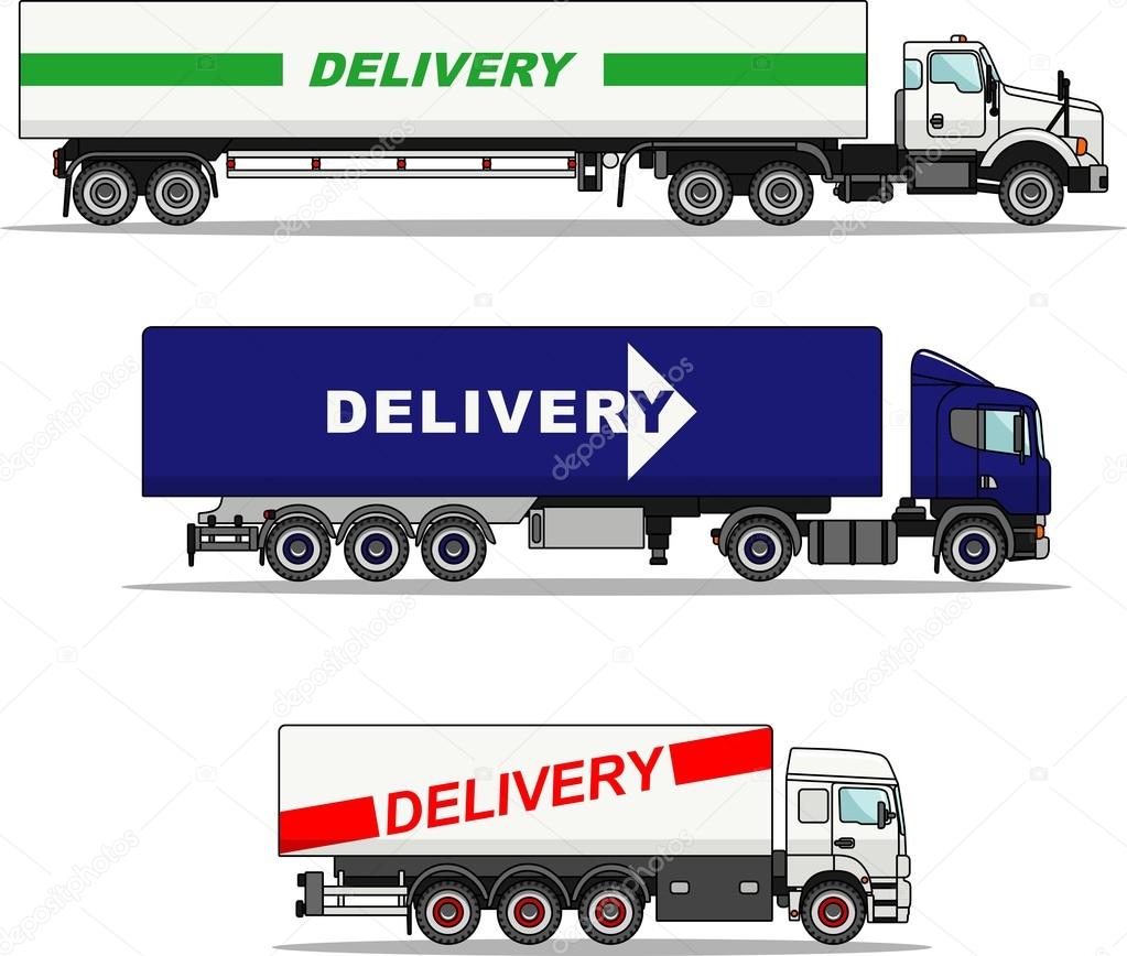 Set of delivery trucks isolated on white background in flat style. Vector illustration.