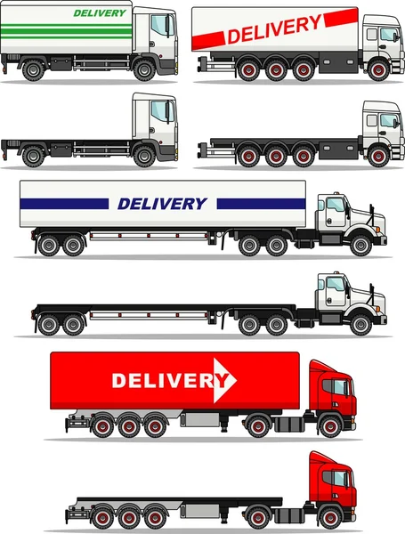 Σύνολο των φορτηγών παράδοσης που απομονώνονται σε λευκό φόντο σε επίπεδη στυλ. Vector εικονογράφηση. — Διανυσματικό Αρχείο
