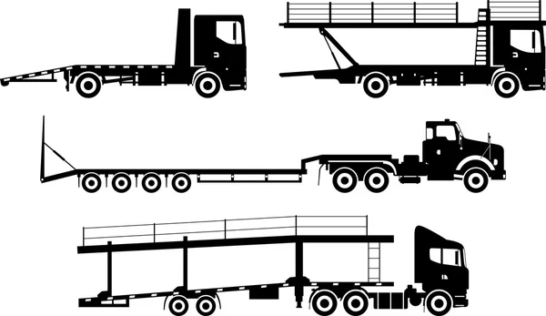 Zbiór różnych sylwetki auto lawety na białym tle na białym tle w stylu płaski. Ilustracja wektorowa. — Wektor stockowy