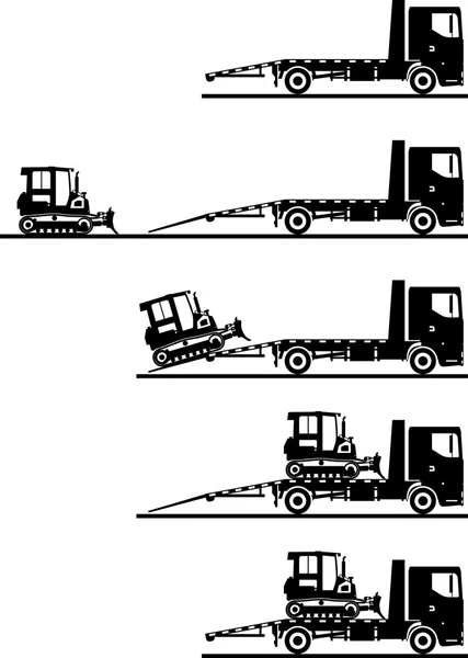 Set di sagome auto trasportatore e dozer isolato su sfondo bianco in diverse posizioni. Illustrazione vettoriale . — Vettoriale Stock