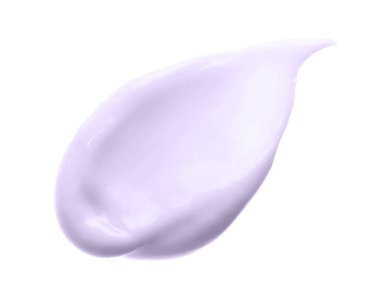 Leylak kozmetik krem sürgüsü beyaza izole edilmiş. Yüz yaşlanma önleyici kolajen içeren el kremi örneği. Açık mor cilt losyonu deseni kozmetik leke.