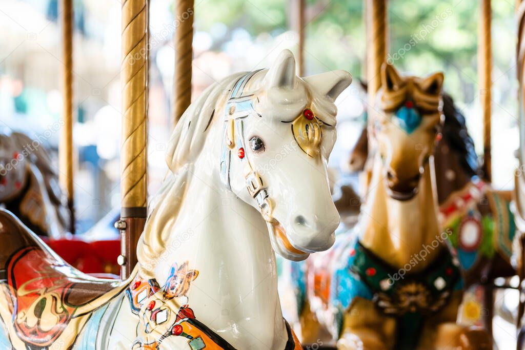 Vintage french carousel horse closeup in fair park. Merry-go-round horses in amusement fun park for children. 