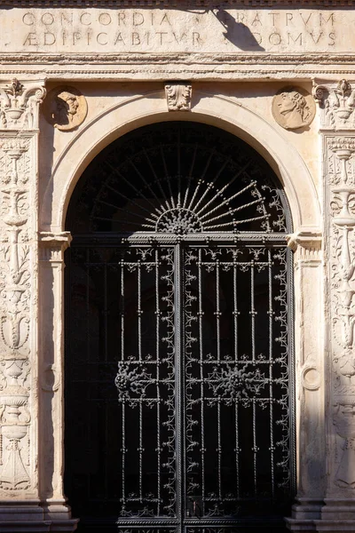 Puerta con rejilla de metal rizado adornado en la iglesia antigua. — Foto de Stock