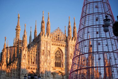Milan Katedrali 'nin önündeki Noel ağacı, Duomo Meydanı Aralık ayında, gece görüşü. Avrupa şehir merkezindeki dekore edilmiş ağaç.