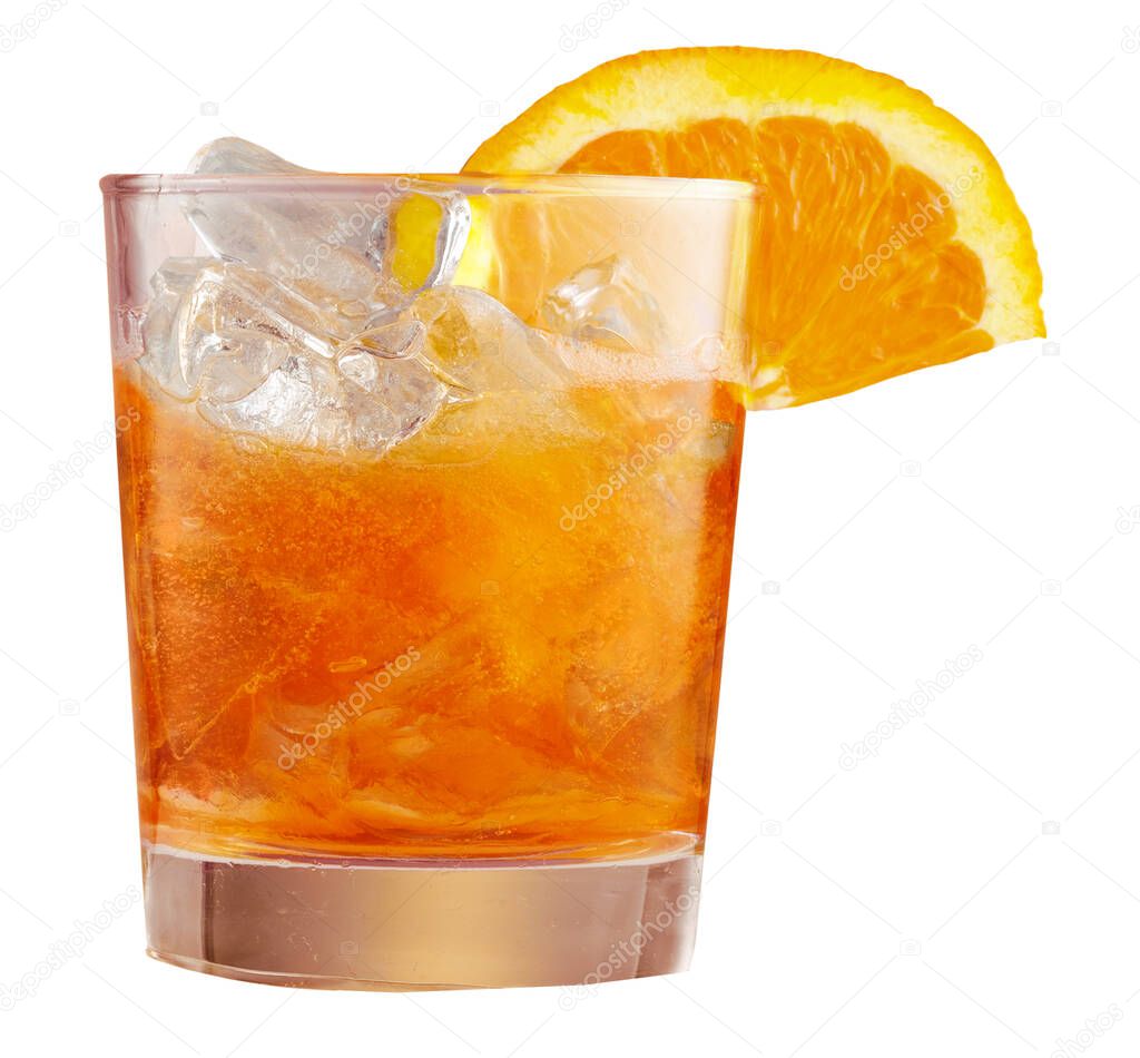 Glass of ice cold Aperol spritz cocktail served in glass, decorated with slices of orange. Aperitif, isolated on white background