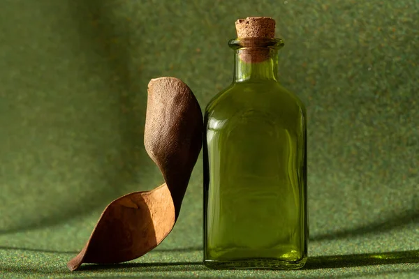 Bottle of essential oil on green herbal background