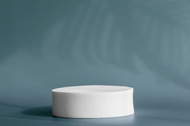 Duvarında tropik bitki gölgesi olan kozmetik ürünler için daire şeklinde sahne. Mavi zemin üzerinde palmiye yaprakları gölgeli ambalaj sunumu için yuvarlak kaide podyumu.