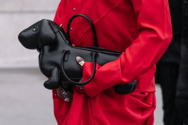 Paris, Fransa - Ekim 06, 2025: Kadın köpek şeklinde çanta takıyor. Moda kıyafeti çanta ayrıntıları, sokak tarzı aksesuar.