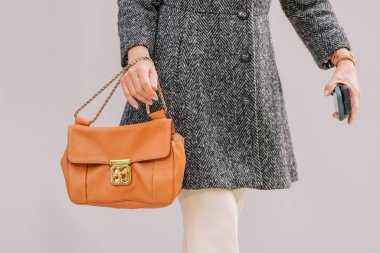 Paris, Fransa - Ekim 06, 2025: Kadın Chloe Elsie omuz çantası giyiyor. Moda kıyafeti çanta ayrıntıları, sokak tarzı aksesuar.