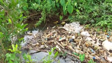 Kerala Hindistan 'da pirinç tarlası yakınlarında dikkatsiz insanların bıraktığı küçük bir nehirde plastik atıklar ve şişeler yüzüyor.