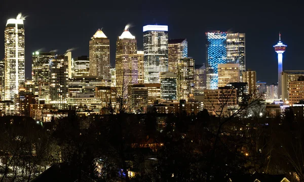 Long Exposure Downtown Office Building Lights Calgary Tower Night — Stock Photo, Image