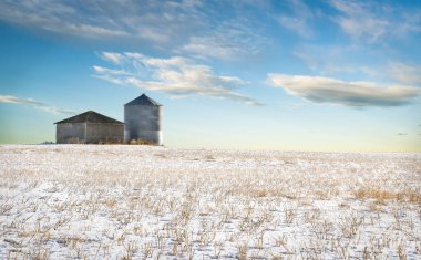 Boş bir tahıl ambarı ve Rocky View County Alberta 'daki Kanada bozkırlarında hasat edilmiş bir kar tarlasına kurulur..