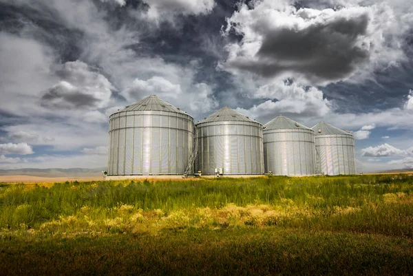 Obilné Sila Používané Pro Zemědělský Průmysl Pod Dramatickou Oblohou Alberta — Stock fotografie