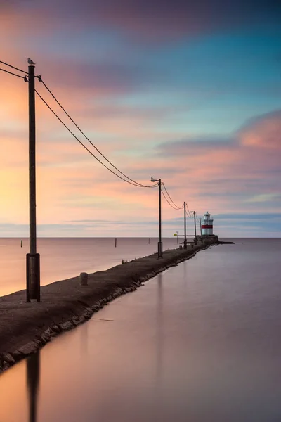 Leuchtturm Ende Der Seebrücke Mit Dramatischem Himmel Linkoping Schweden — Stockfoto