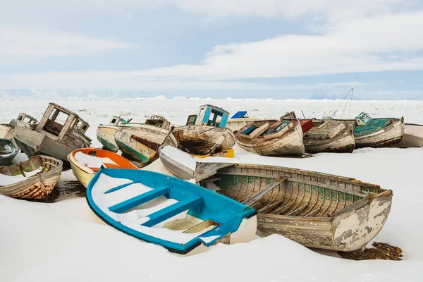 Abandoned old boats covered with snow in winter, Greenland.