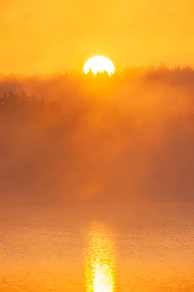 Belle Vue Sur Lever Soleil Dans Brouillard Matinal Sur Lac — Photo