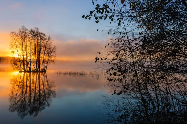 Μια Ομιχλώδης Λίμνη Την Αυγή — Φωτογραφία Αρχείου