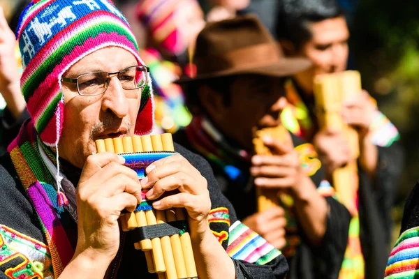 HAMMARKULLEN, SWEDEN - 25 Mayıs 2019: Perulu adam Hammarkullen, İsveç 'teki yıllık karnavalda panpipe oynuyor