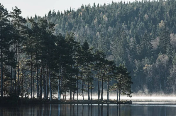 Vue Sur Lac Brumeux Dans Les Montagnes — Photo