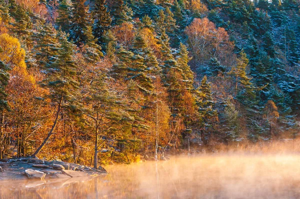 Výhled Zamlžené Jezero Horách — Stock fotografie