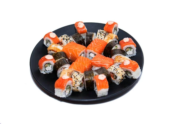 Different Kind Rolls Sushi Black Plate Isolated White Background — 图库照片
